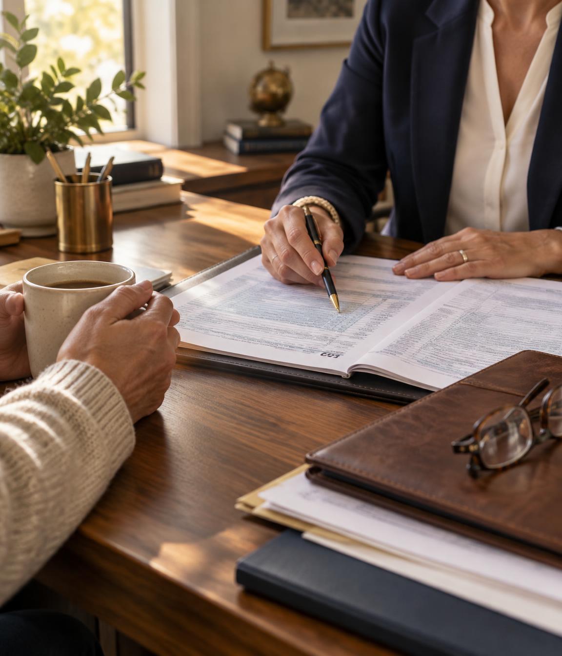A tax preparer walking a client through her return across a desk, seen from over the client's shoulder in a warm, sunlit office